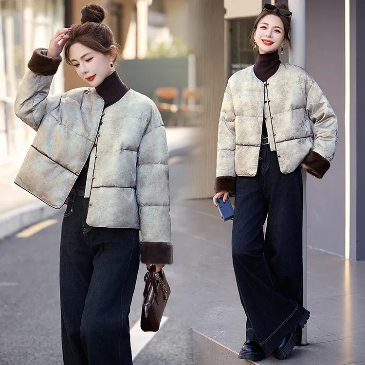 中式提花国风羽绒服2025冬季毛绒新款拼接小个子鸭绒短款妈妈外套