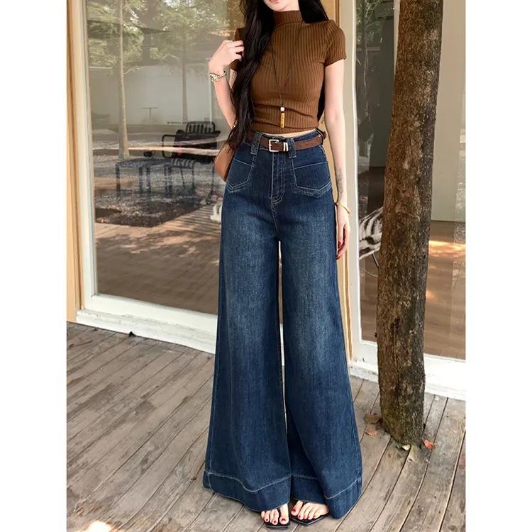 简约休闲宽边大阔腿牛仔裤女2025秋季新款口袋装饰宽松高腰拖地裤