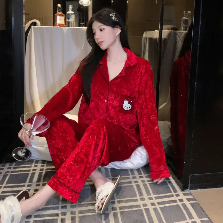 压花满天星春秋冬季金丝绒优雅女士睡衣家居服