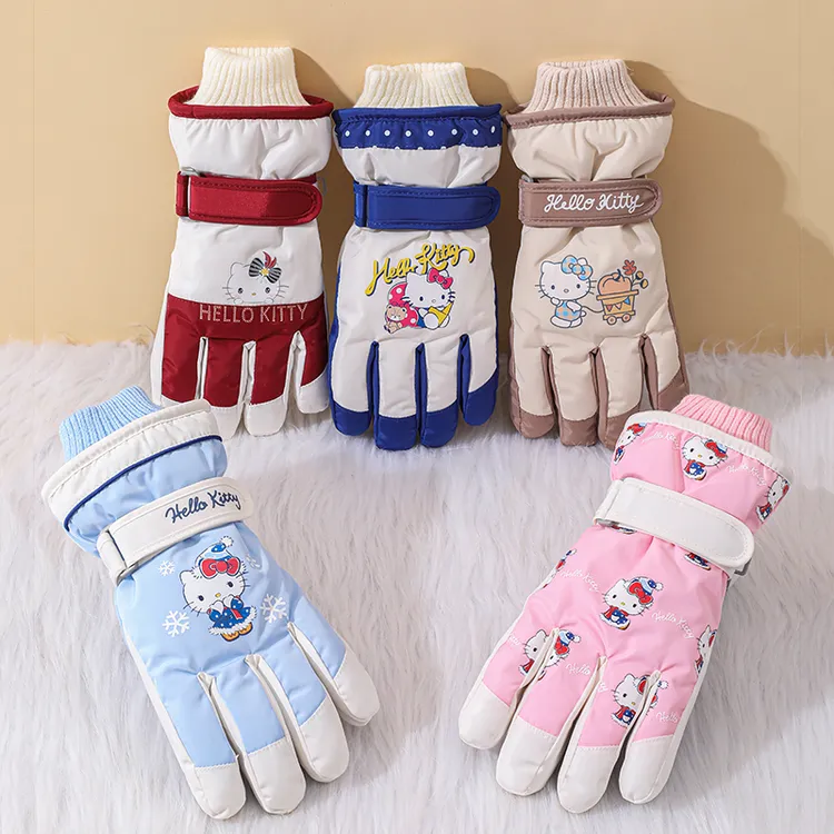 KT猫滑雪手套儿童女孩冬季保暖加绒东北防寒玩雪防水骑车厚三丽鸥