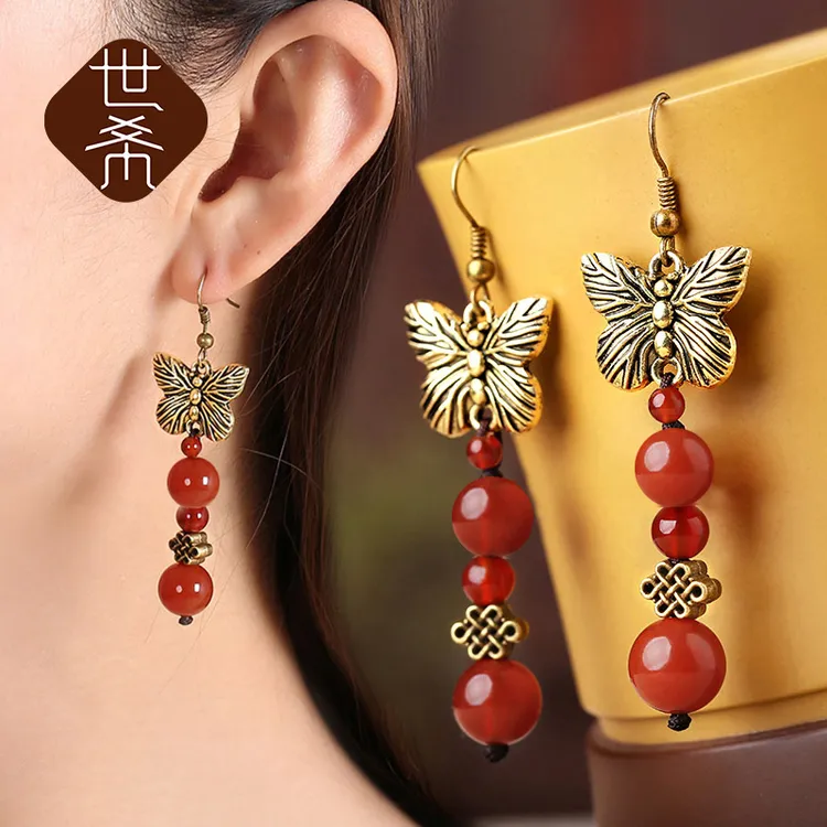 铜合金耳饰 民族风红色蝴蝶耳环汉服耳坠设计感新娘宫廷国风配品