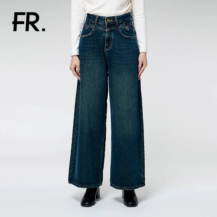 凡人优品女士蓝色高腰时尚宽松牛仔裤N231