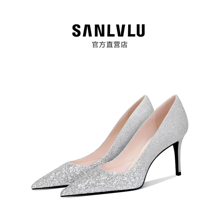 SANLVLU安阳 法式婚鞋高跟鞋银色水晶单鞋纪念日仪式感18岁成人礼