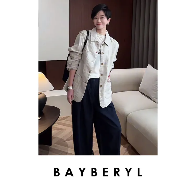 BAYBERYL老贝人字纹鱼骨色织老钱棉麻翻领25春外套XZ5A1611