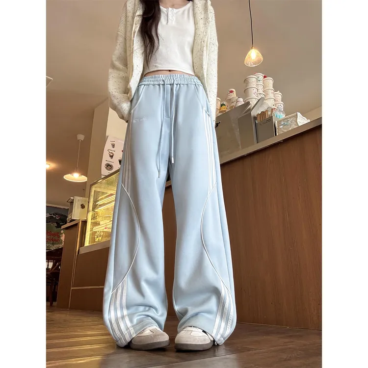 蓝色加绒加厚休闲裤女款秋冬运动卫裤直筒小个子美式加厚糯米裤子