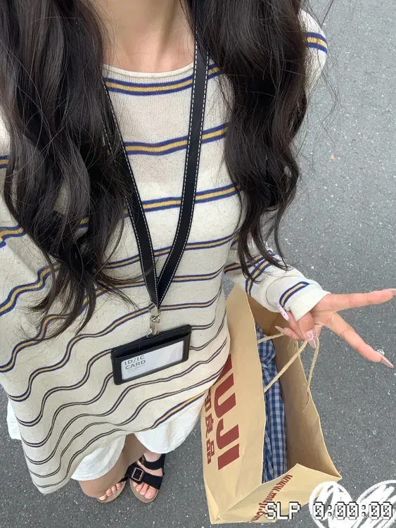 夏季薄款宽松冰丝条纹长袖针织防晒衫女士上衣空调衫外穿撞色罩衫
