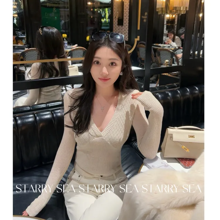 PP 【美式辣妹】细闪珠光感十足V领修身气质显瘦针织衫#PP0365SY