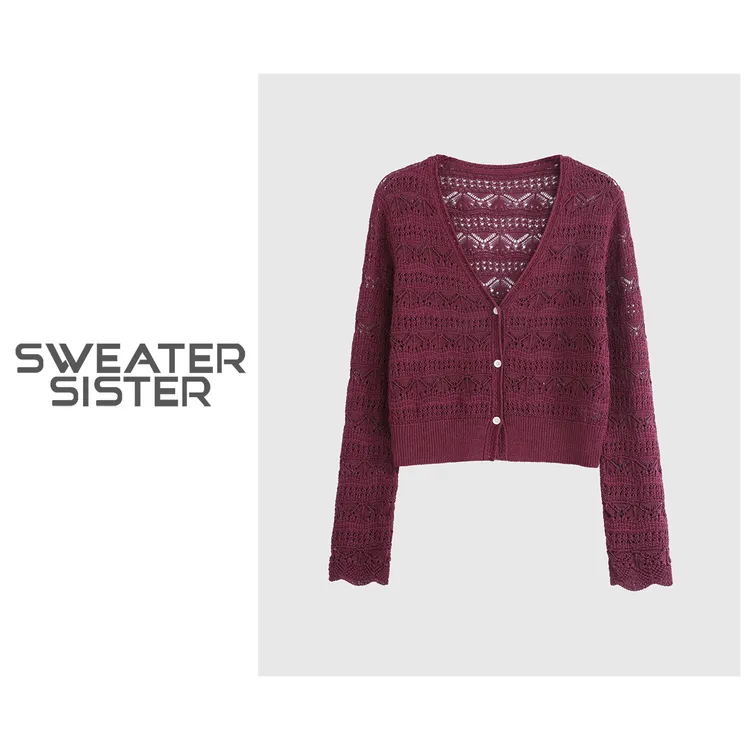 法式轻熟风镂空V领百搭长袖针织衫女031-9871