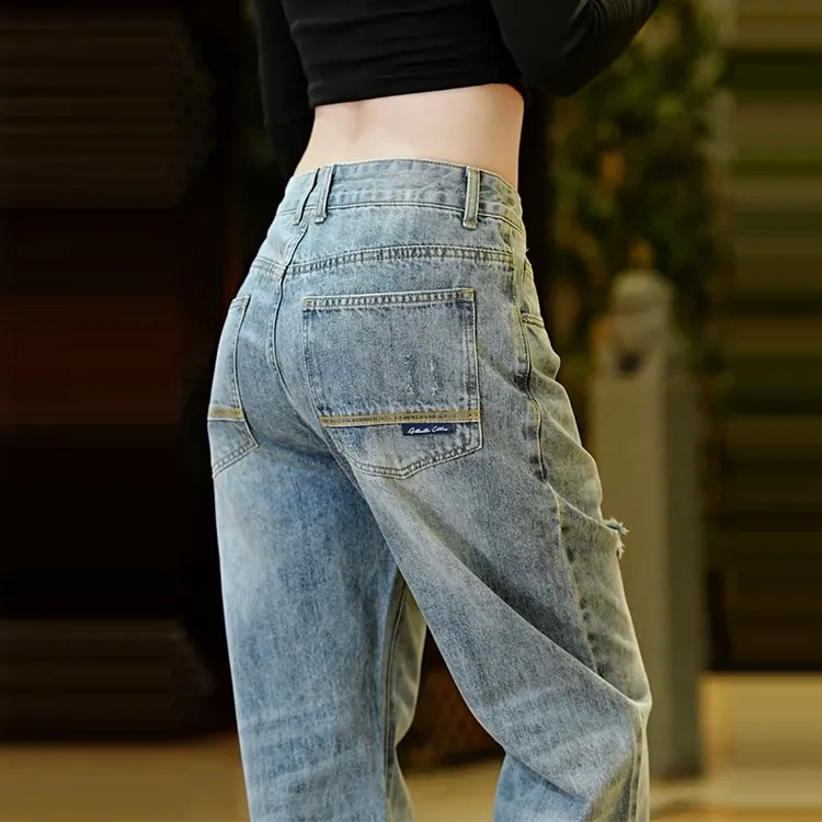 美式阔腿牛仔裤男士秋季新款潮流韩版百搭时尚帅气宽松休闲男裤子