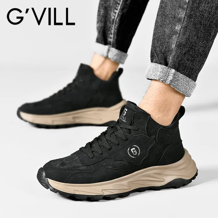 G'VILL/贵之步男鞋秋冬皮面运动鞋黑色厚底舒适百搭高帮休闲鞋男