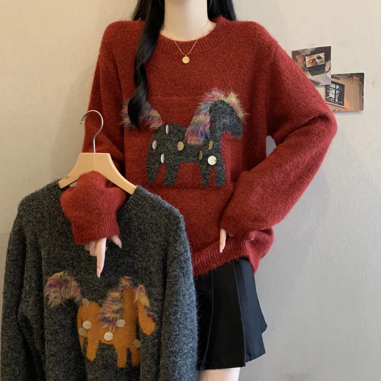 女士秋冬新款大码卡通提花针织通勤风打底毛衣胖减龄时尚漂亮上