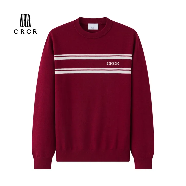 2025秋冬新品CRCR男士时尚圆领套头针织撞色条纹提花棉羊毛衫