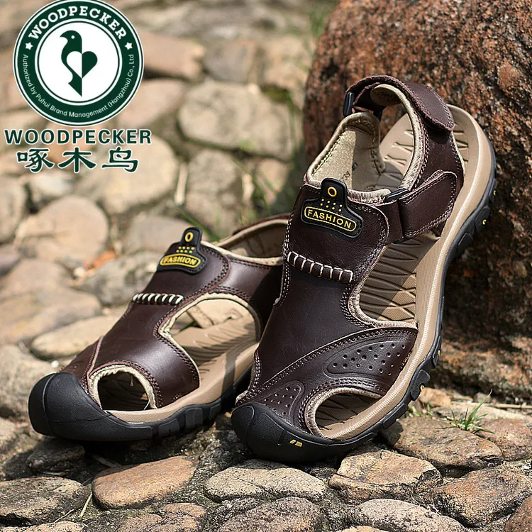 啄木鸟头层牛皮凉鞋夏季休闲男士软底沙滩潮流外穿时尚透气厚底韩