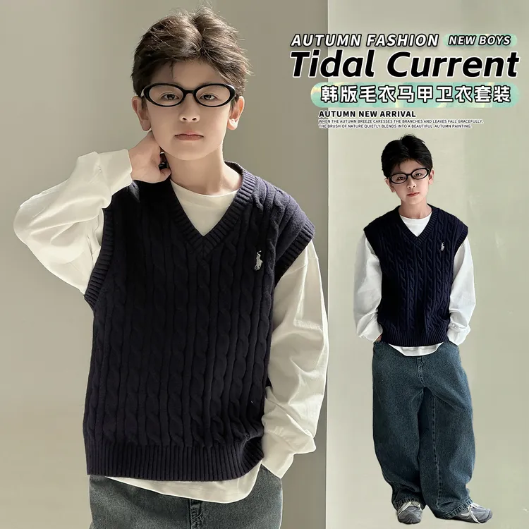 2025春秋款儿童潮牌V领马甲真两件卫衣针织背心百搭上衣韩版毛衣