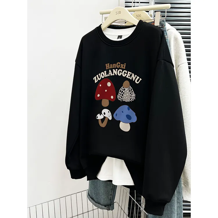 冬季加绒圆领无帽卫衣女装韩版小众设计感印花宽松休闲套头衫上衣