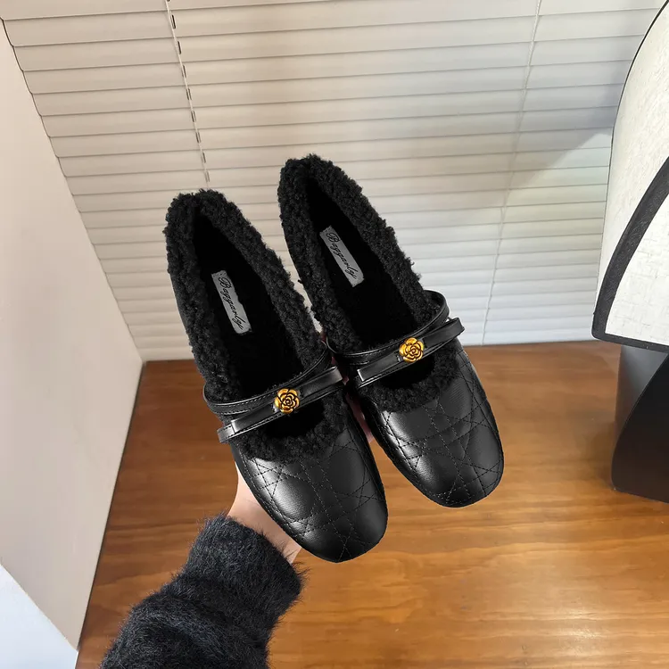 复古黑色小香风玛丽珍单鞋珍珠加绒毛毛鞋2025鞋子女款秋冬鞋子