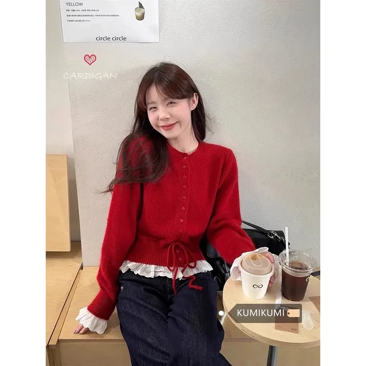 芭蕾少女新年红色针织衫毛衣冬季甜美设计感荷叶边系带针织衫