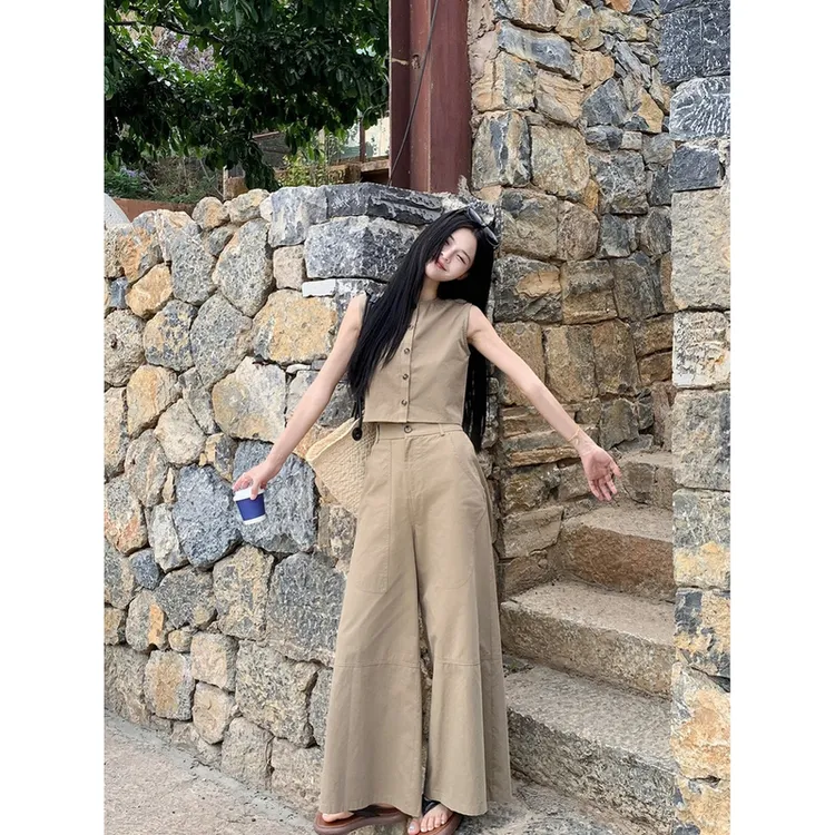 法式小众设计感两穿背心套装女夏季时尚百搭修身显瘦阔腿裤两件套
