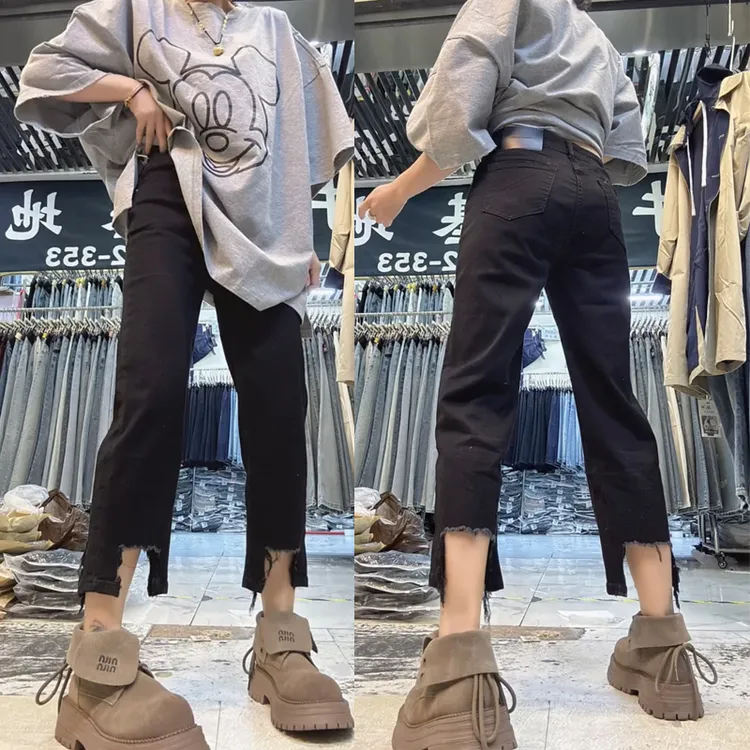 2025春夏大码毛边牛仔裤女高腰显瘦不规则直筒裤时尚窄版法棍裤子