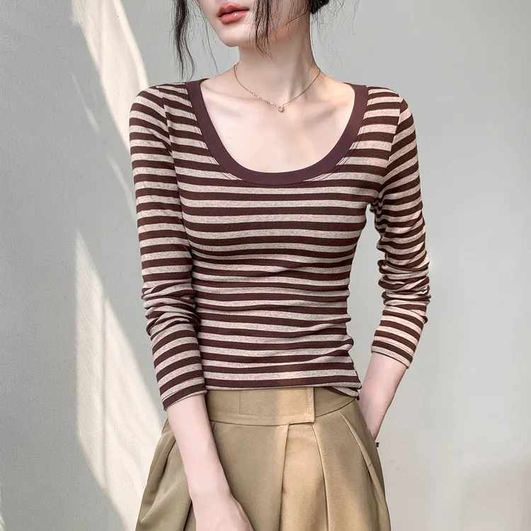 歌倍尚圆领条纹长袖T恤女2025秋季新款修身内搭打底衫正肩上衣女