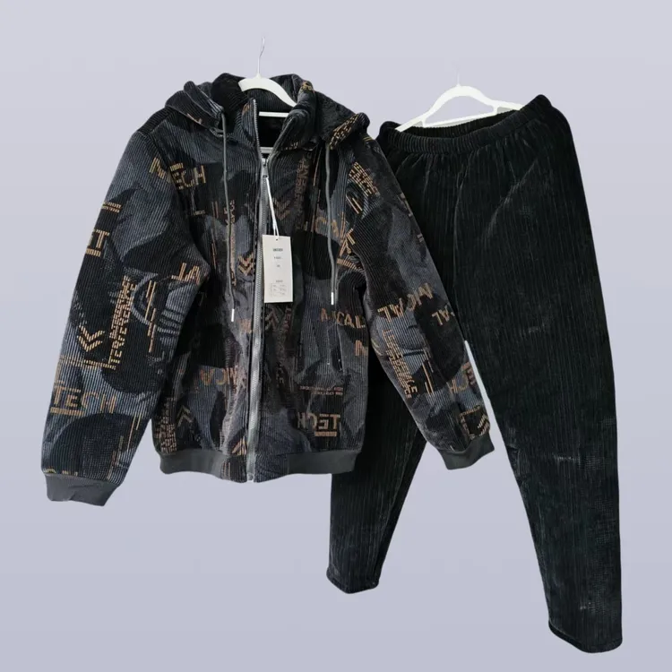 睡衣牛仔加厚连帽耐磨加绒潮流松紧冬季家居服套装