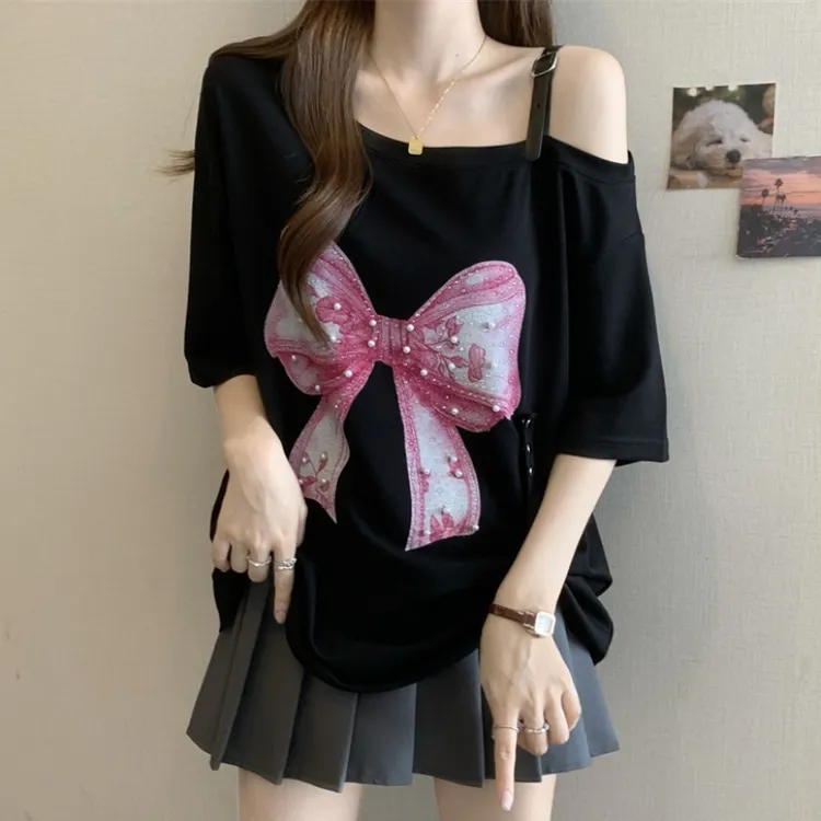 大码设计感蝴蝶结露肩短袖T恤女夏季新款胖M宽松显瘦百搭洋气上衣