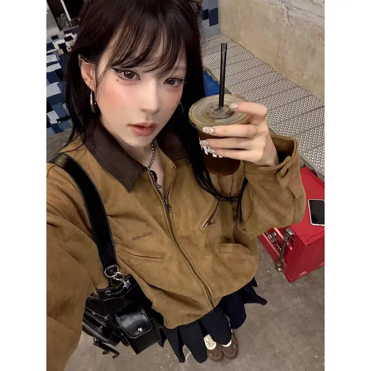 美式复古麂皮绒夹克上衣女早秋2025新秋冬宽松翻领美拉德外套