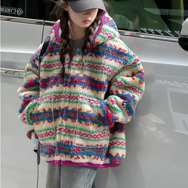 女童外套2025新款秋冬装洋气女孩条纹开衫韩版保暖加厚羊羔绒上衣