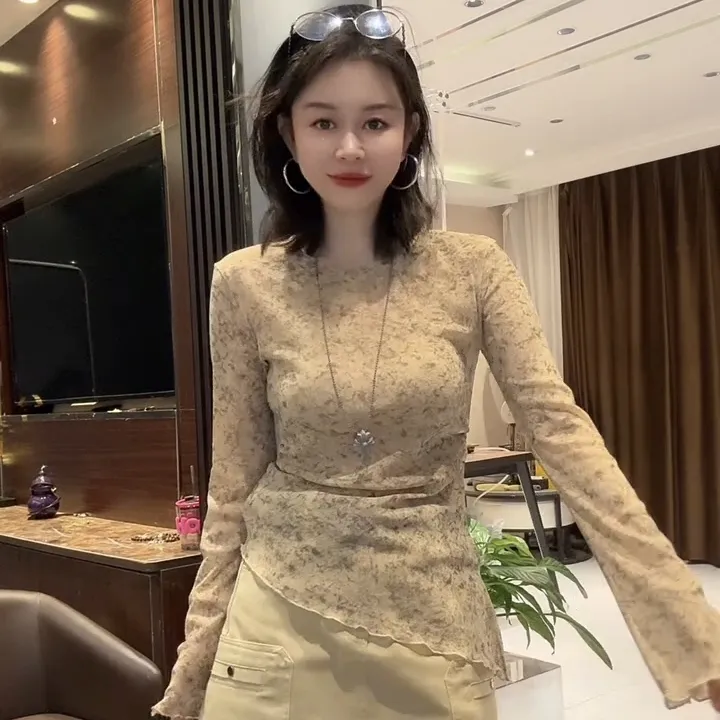 长袖开叉法式不规则领口T恤打底衫收腰显瘦蕾丝气质时尚秋季洋气