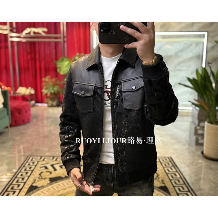 【路易理欧】新款欧货时尚休闲翻领绵羊皮拼接夹克羽绒服0716