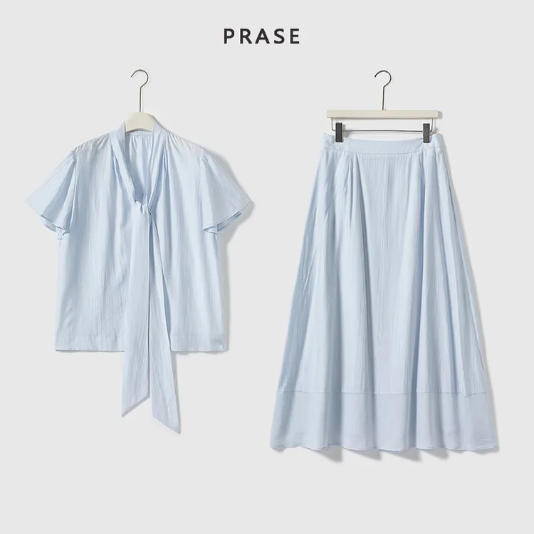 PRASE·噜【浅苏薄荷】微胖轻奢设计款夏气质飘带衬衫套装PR504B69/8