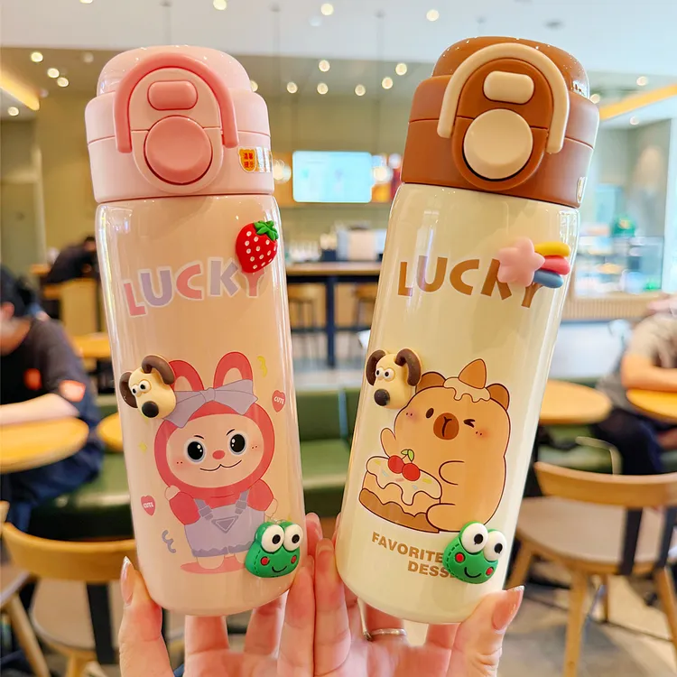清新可爱双饮保温杯男女小学生上学专用网红吸管水杯卡通便携杯子