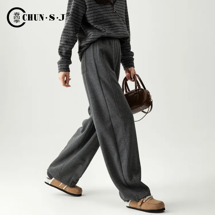 高端蚕丝羊毛醋酸毛呢阔腿裤女2025新款冬季梨型身材裤子弯刀裤