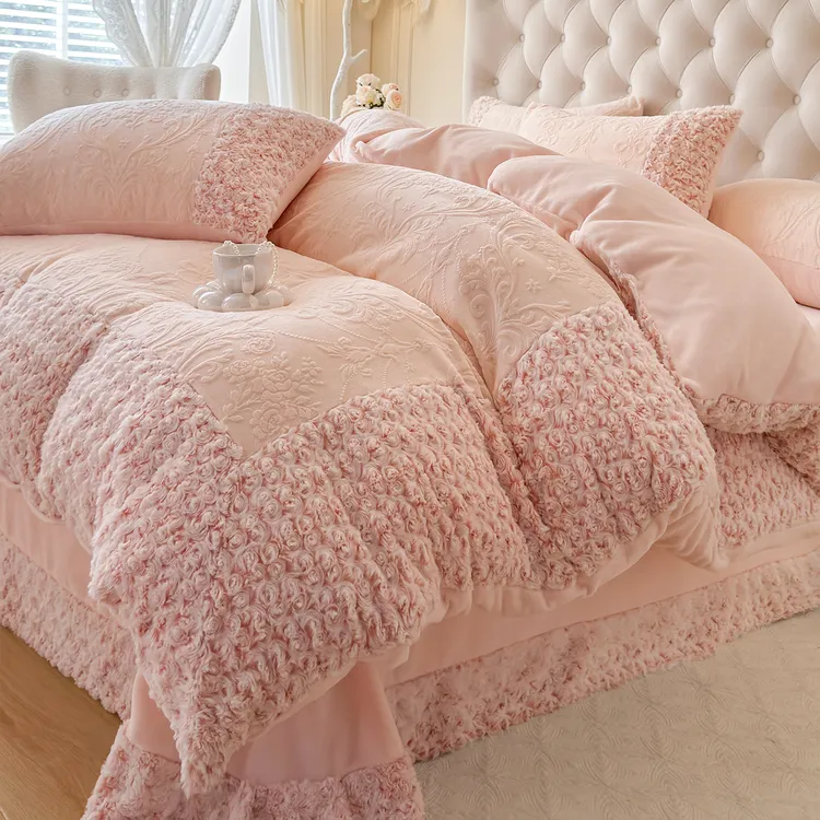 水星高端适用家纺玫瑰雕花毛绒牛奶绒冬季四件套纯色轻奢被套珊瑚