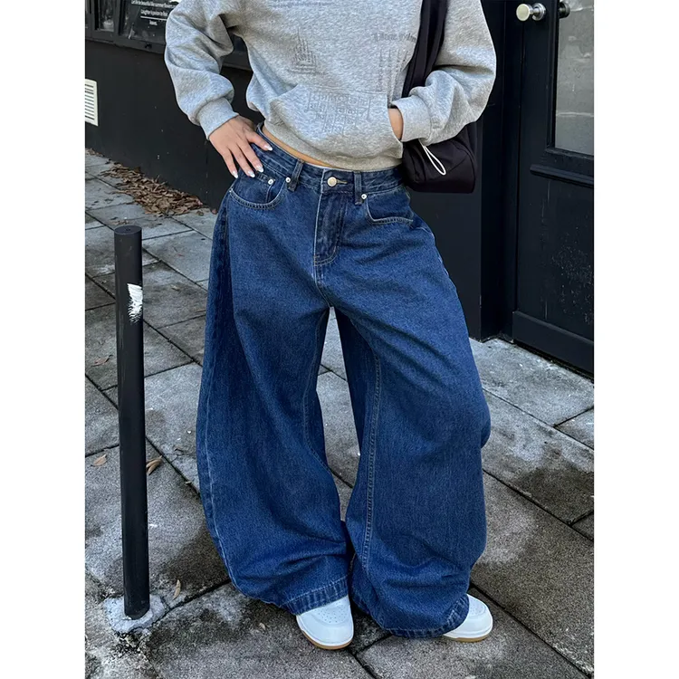 美式复古做旧弯刀牛仔裤女秋季新款松弛感宽松休闲拖地阔腿长裤子