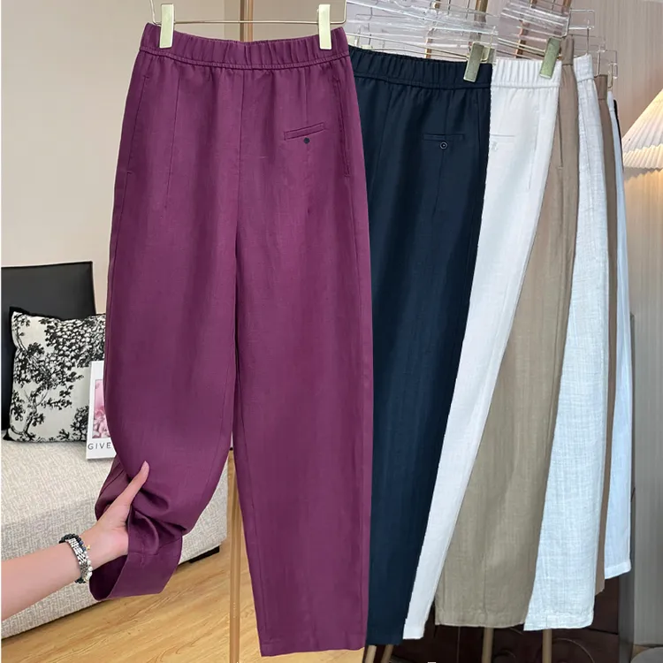 女裤亚麻裤新款2025夏季哈伦裤小脚裤小直筒裤松紧腰显瘦宽松薄款