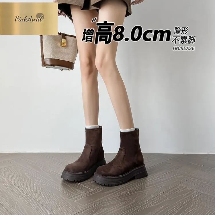 PinkAvril内增高8cm秋冬加绒棕色弹力靴女2025新款瘦瘦小个子绒面