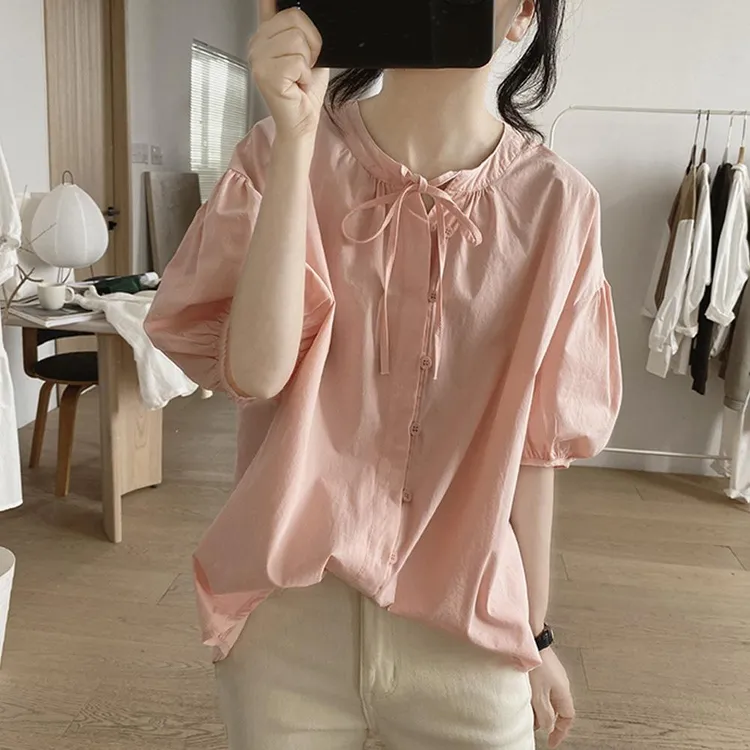 法式女士纯棉宽松圆领系带蝴蝶结灯笼袖短袖夏季新款洋气减龄衬衫
