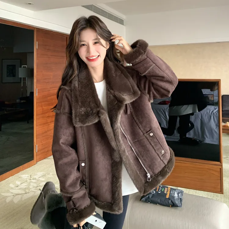 加绒时髦炸街感毛绒外套女秋冬季2025新款加厚时尚翻领机车服短款