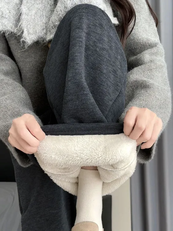 冬季慵懒风休闲大码200斤胖mm羊羔绒加厚糯米裤女韩版宽松阔腿裤