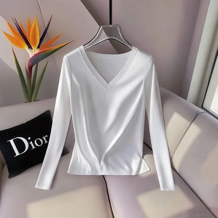 网红洋气炸街女装老钱风松弛感贵气白色V领长袖t恤上衣液氨丝光棉