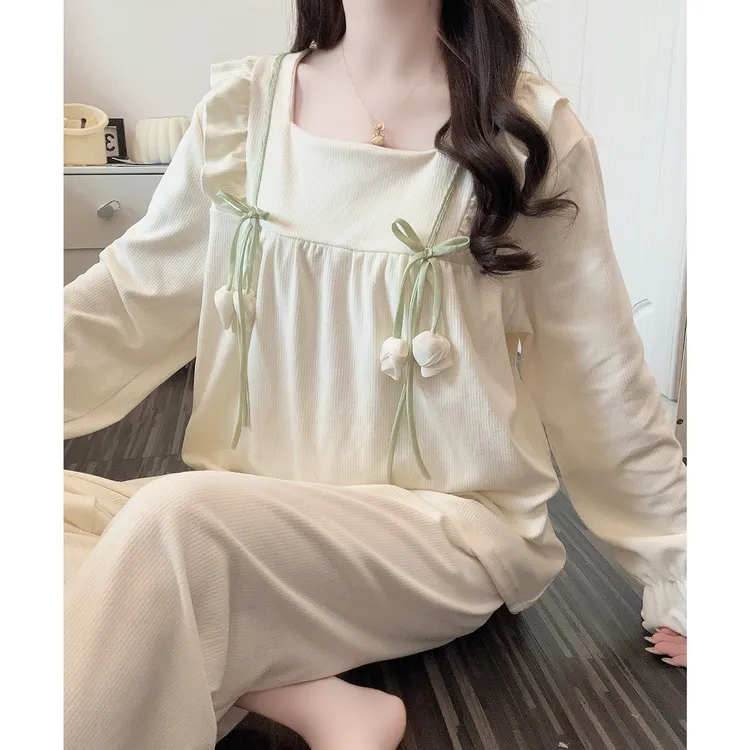 郁金香睡衣女秋冬季甜美风长袖保暖薄绒可外穿花边少女家居服套装