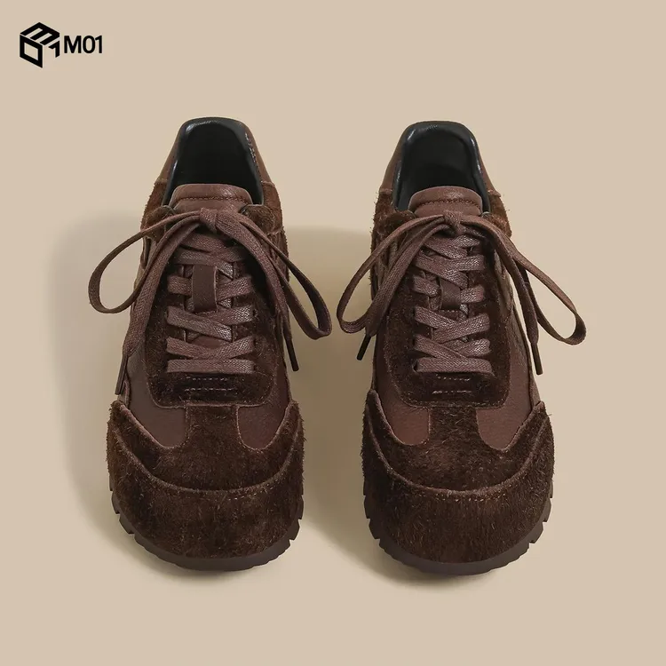 M01秋冬季新款厚底复古毛呢德训鞋女棕色运动板鞋休闲阿甘老爹鞋