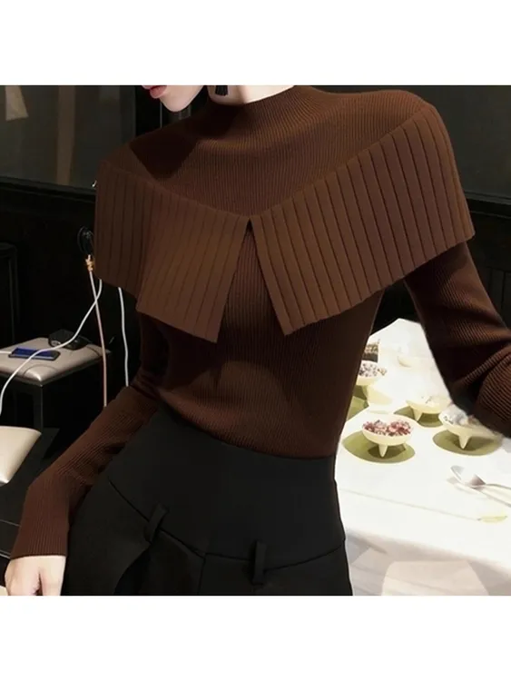 优雅chic绝美咖色圆领披肩长袖毛衣针织衫女秋冬款高级感显瘦小衫