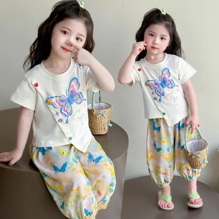 女童蝴蝶短袖套装2025新款儿童夏装韩版洋气女宝宝夏季时髦两件套