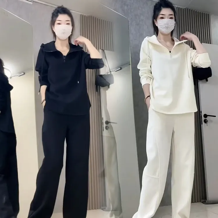 欧货休闲运动套装2025秋季新款时尚洋气减龄连帽上衣阔腿裤两件套