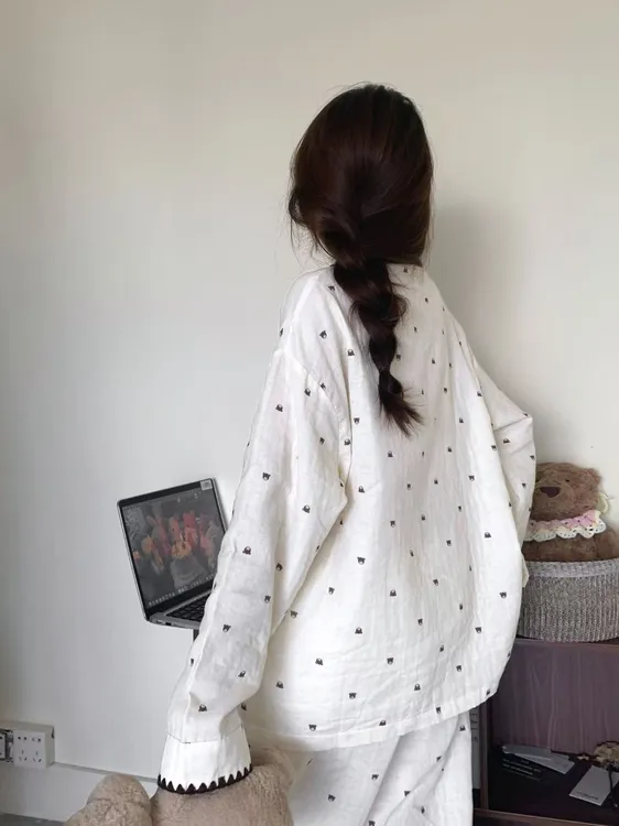 甜美撞色卡通小熊印花少女风睡衣女春秋新款可外穿长袖家居服套装