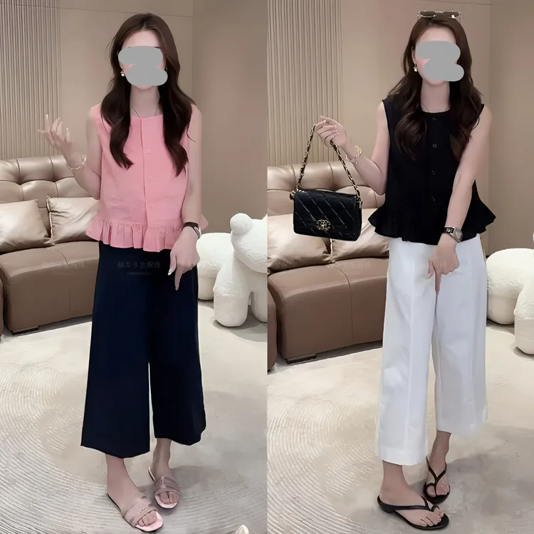 2025夏季新款甜美风松弛感波点排扣无袖上衣显瘦百搭休闲裤套装女