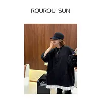 26528早秋款女装法式慵懒风短袖宽松下摆拼接蕾丝花边上衣潮流
