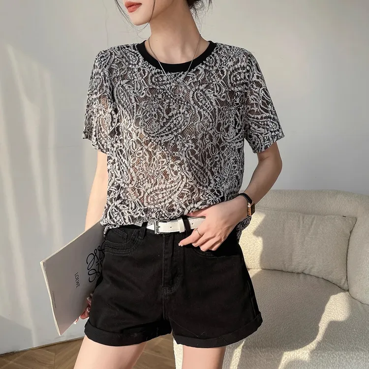 黑色牛仔短裤女2025年新款夏季蕾丝花边设计感高腰直筒阔腿a字裤